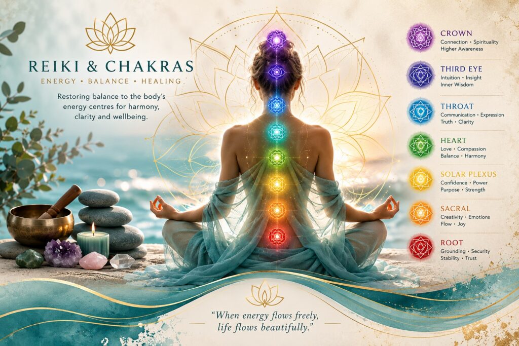 Reiki and chakra wellbeing illustration showing the seven chakras